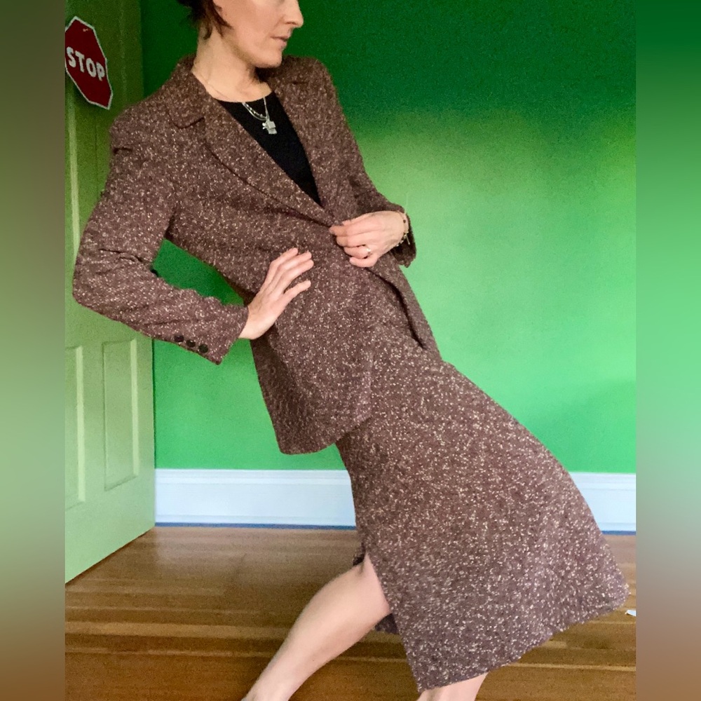 90s Vintage Hiroko Koshino Brown Tweed Blazer Skirt Set Made In Japan